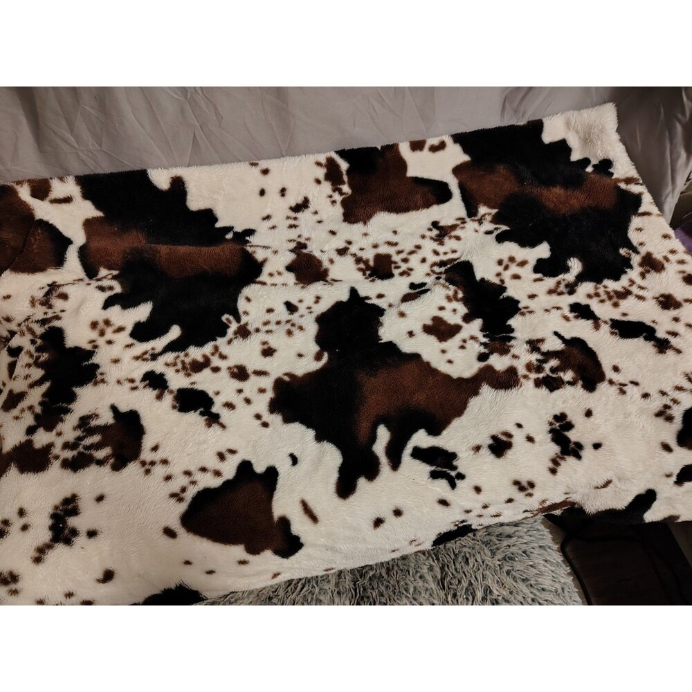 Rustic Tricolor Faux Fur Cowhide Throw Blanket AND PILLOW – Brown/White/Black
